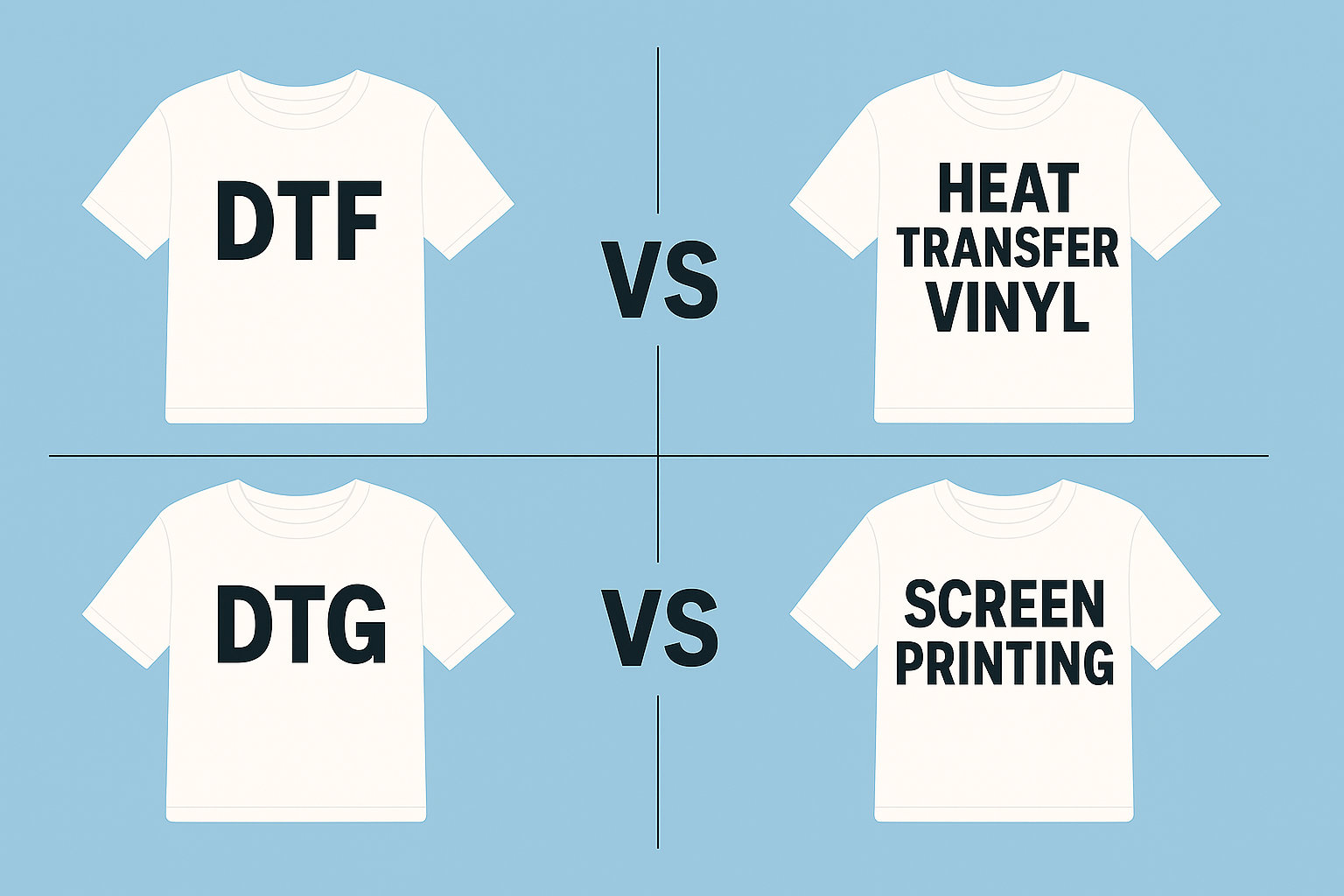 DTF vs DTG vs Screen Printing vs Heat Transfer Vinyl: Complete Comparison Guide 2026